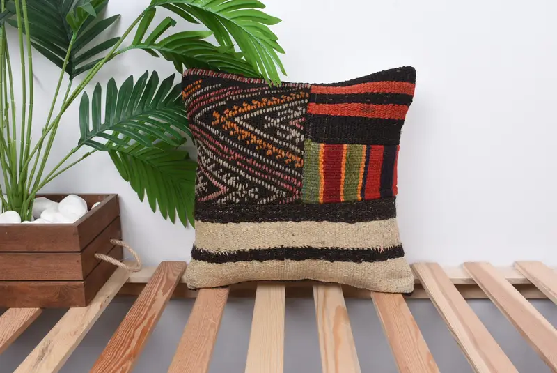 Kilim Cushion Sham, Southwestern Cushion Cover, 14x14 Brown Cushion, Pillow Cover, Luxury Cushion Case, Kilim Pillow, Antique Pillows, Sofa Cushion - 1