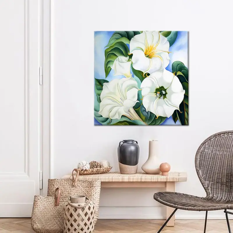 Elegante lienzo estampado de datura de flores blancas y hojas verdes