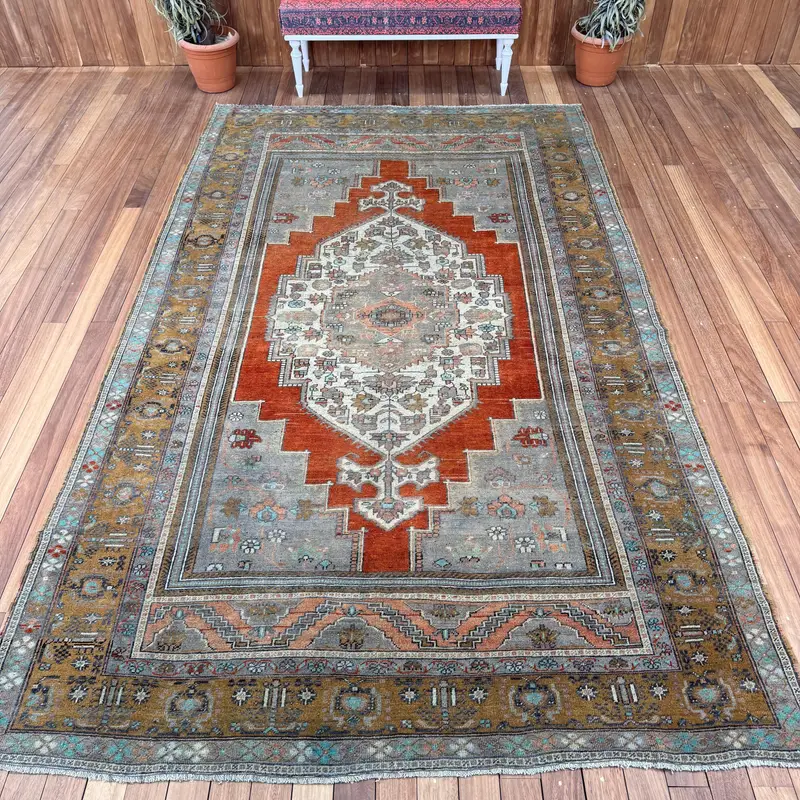 Turkish 6.5x11 ft Rug, Oushak Vintage Rug, Brown Floral Wool Rug - 1