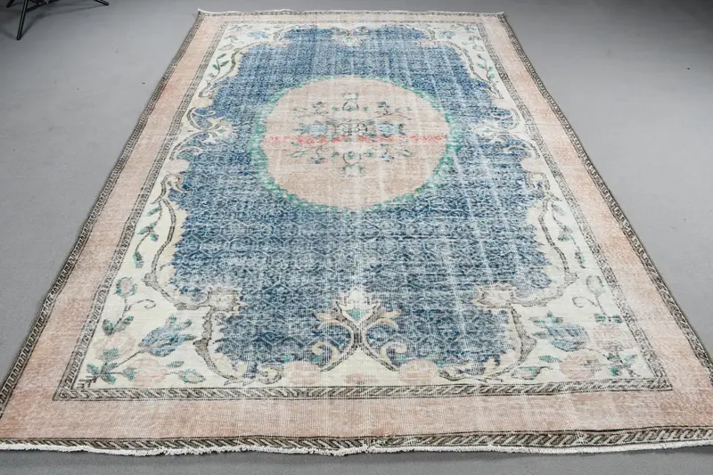 Turkish Vintage Oushak Rug 6.8x10.3 ft, Blue Oversize Check Wool Rug - 1
