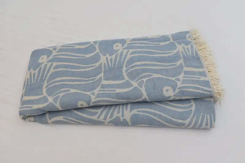 Turkish Throw Blanket, Organic Throw, 108x104 Cotton Fish Design Towel, Throw Blanket, Gift For Coworker, Bedspread, Woven Blanket, Shower Curtain - 3