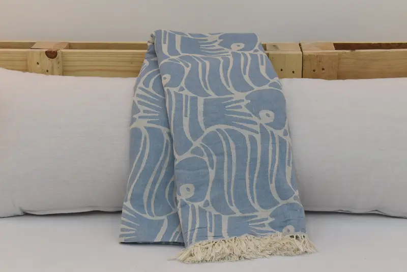 Turkish Throw Blanket, Organic Throw, 108x104 Cotton Fish Design Towel, Throw Blanket, Gift For Coworker, Bedspread, Woven Blanket, Shower Curtain - 5