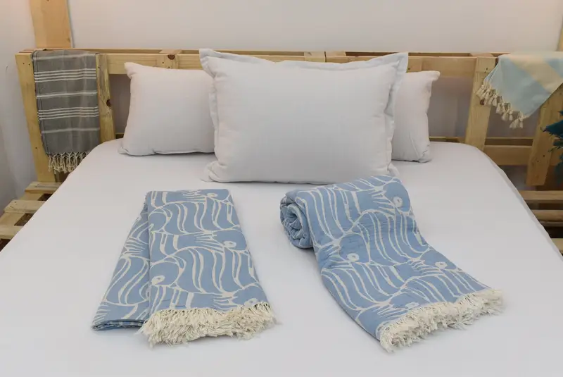 Turkish Throw Blanket, Organic Throw, 108x104 Cotton Fish Design Towel, Throw Blanket, Gift For Coworker, Bedspread, Woven Blanket, Shower Curtain - 4