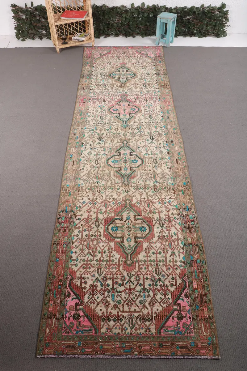 3.4x12.1 ft Oushak Vintage Rug, Green Patchwork Turkish Rug Wool - 1