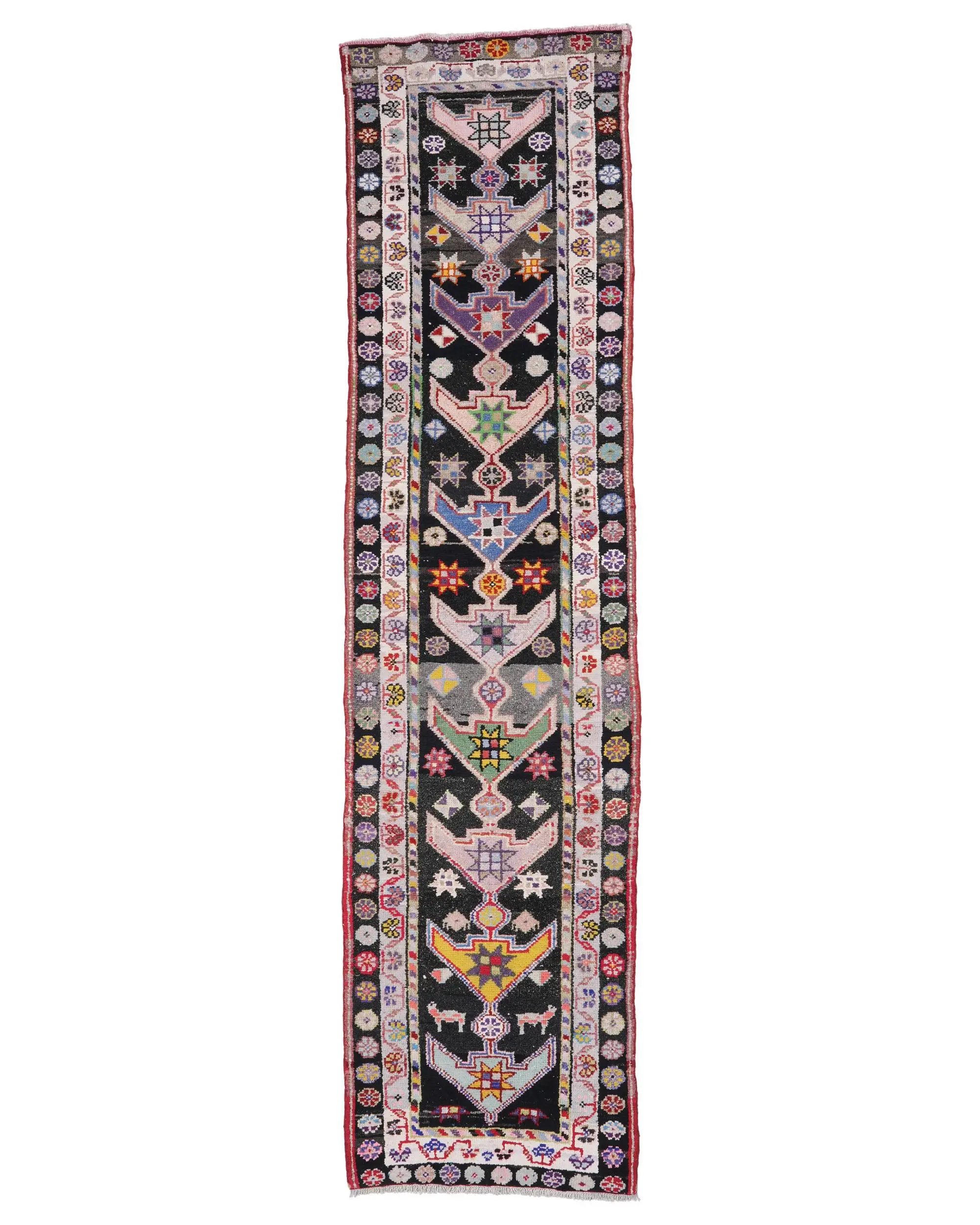 Vintage Türkischer Herki Teppich 2,9x11,5 Fuß, Schwarzer Läufer Wollteppich mit Blumenmuster - 1