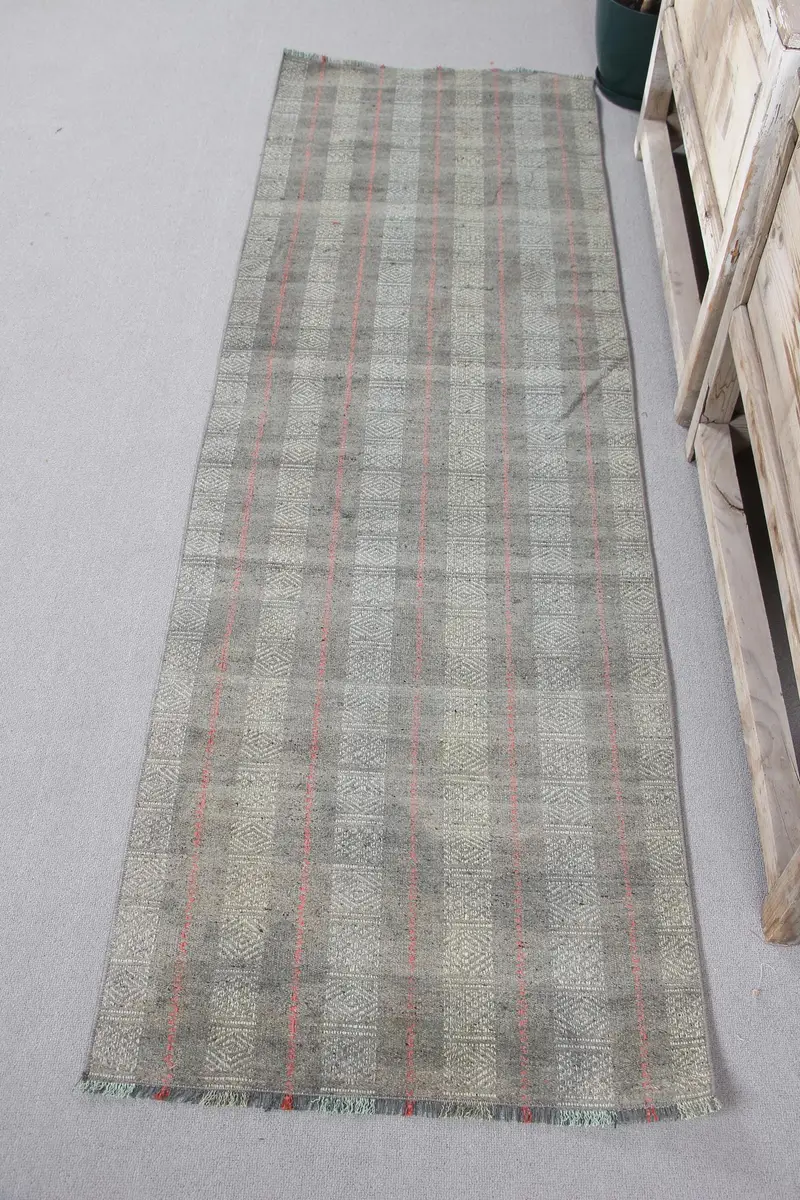 Green Ikat Rug, 2,2x6,8 ft with Red Accents