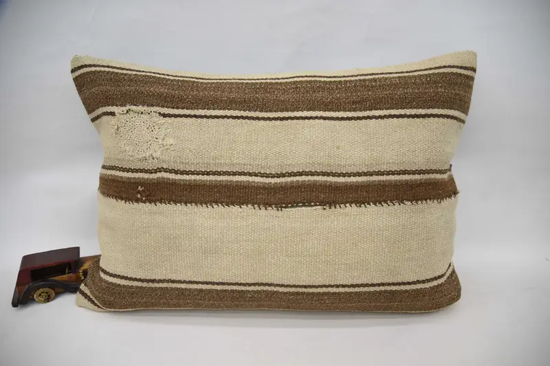 Plaid Beige Throw Cushion Case, Antique 20x28 inch Wool Cushion Cover - 1