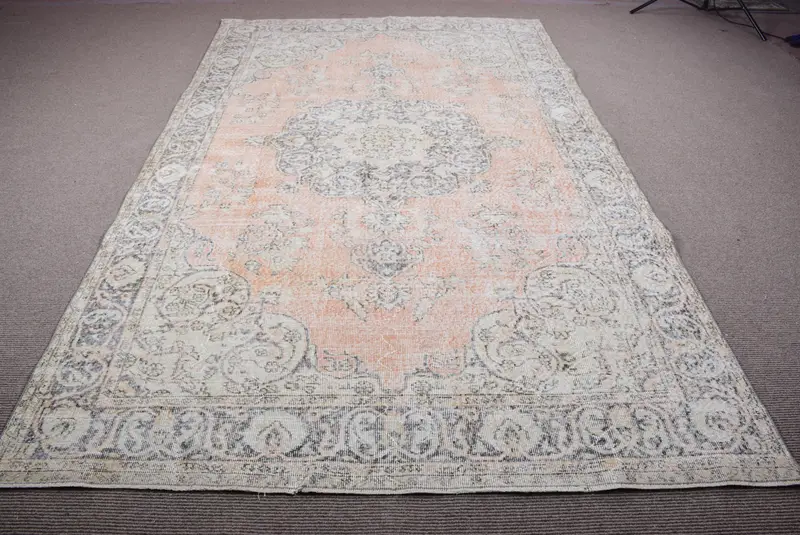 Vintage Rug, 6.6x10.6 ft Turkish Rug, Gray Orange Solid Wool Rug - 1