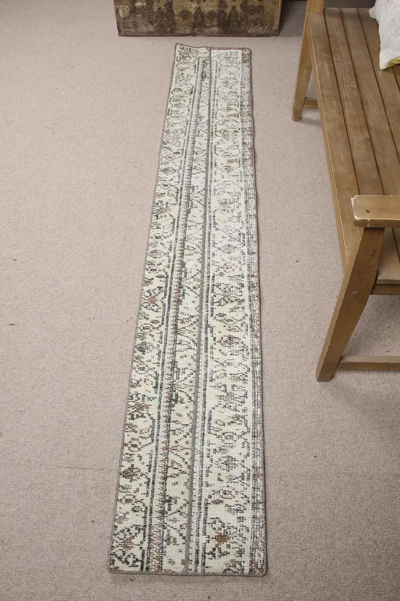 Alfombra turca Runner, alfombra vintage de 1,2x7,5 pies, alfombra de lana Oushak blanca - 1