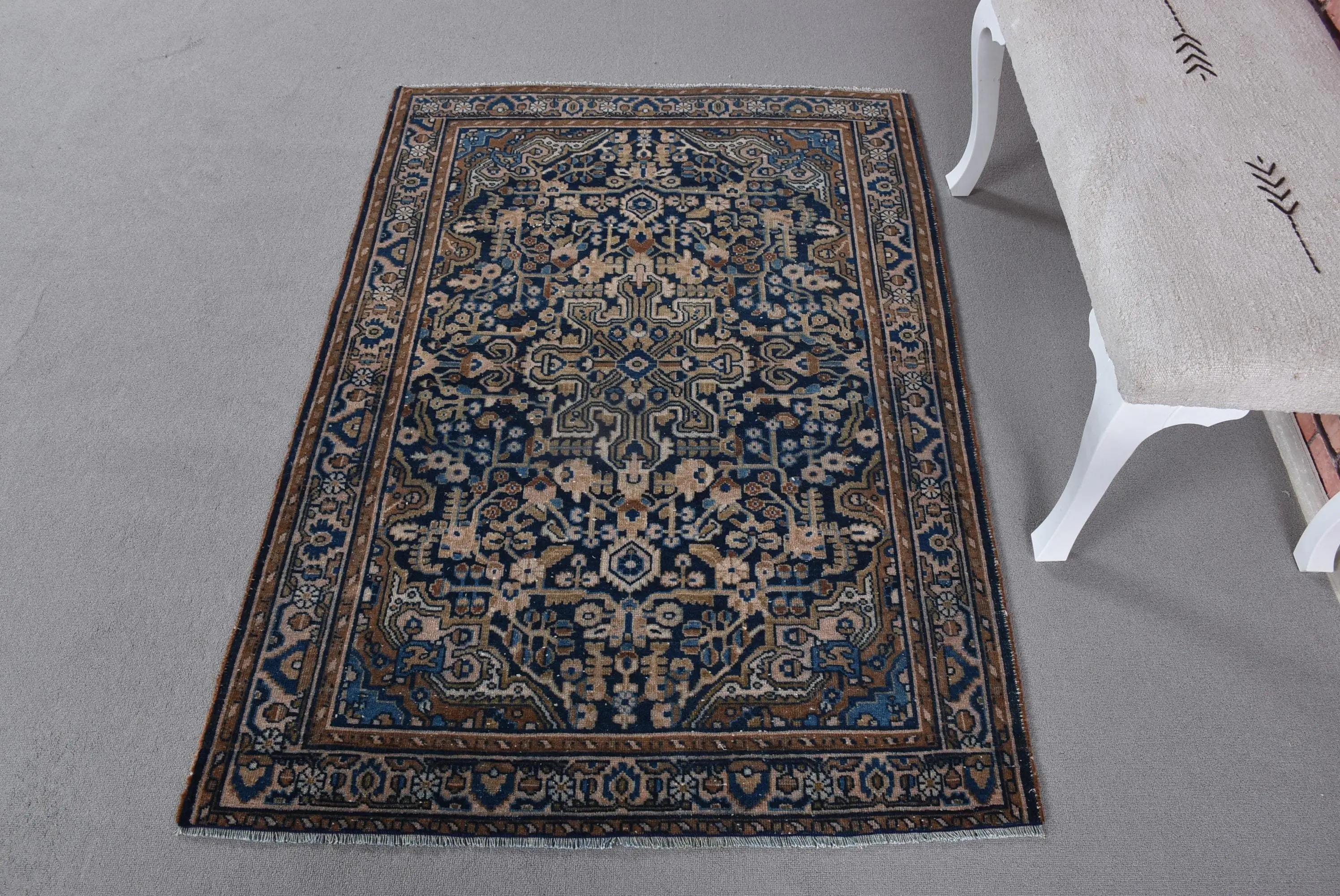 Alfombra turca de 3,5x5 pies, alfombra de lana vintage Ikat azul - 1