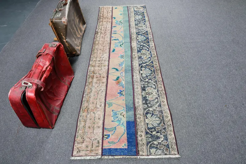 Türk Yolluk Halısı, 2.5x8.2 ft Vintage Halı, Mavi Oushak Yün Halı - 1
