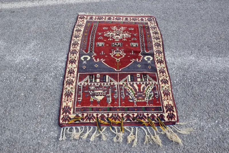 Alfombra turca Oushak 3,2x4,8 pies (96x146 cm), alfombra vintage Ikat roja - 1