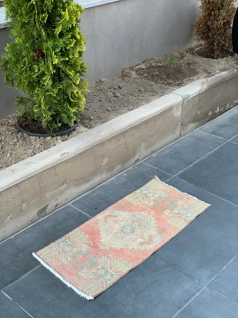 Red Oriental Rug, 1.24x2.85 ft Elegant Beige Accent