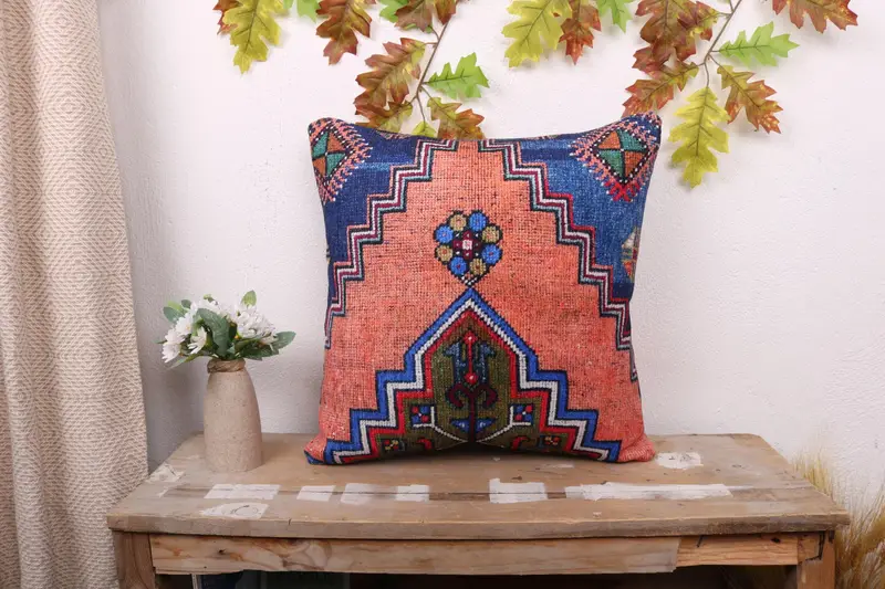 Handmade Embroidered Throw Pillow, Vintage Red & Beige Cushion