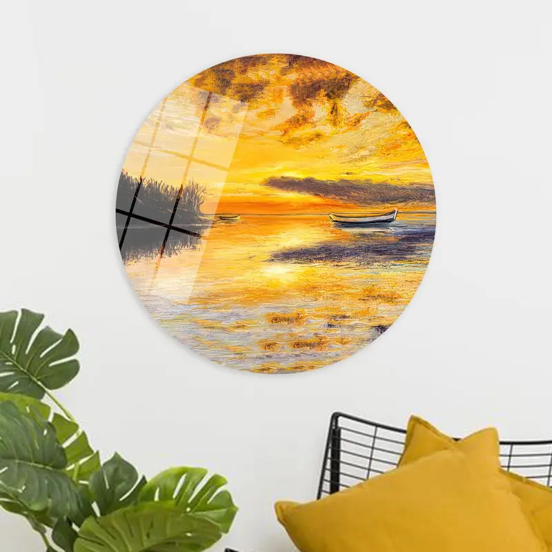 Sunset Seascape Canvas: Abstract Boat View, Yellow Oil Print