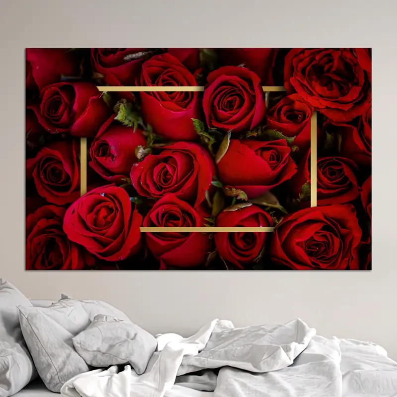 Luxury Red Rose Canvas: Elegant Gold Frame, Premium Print