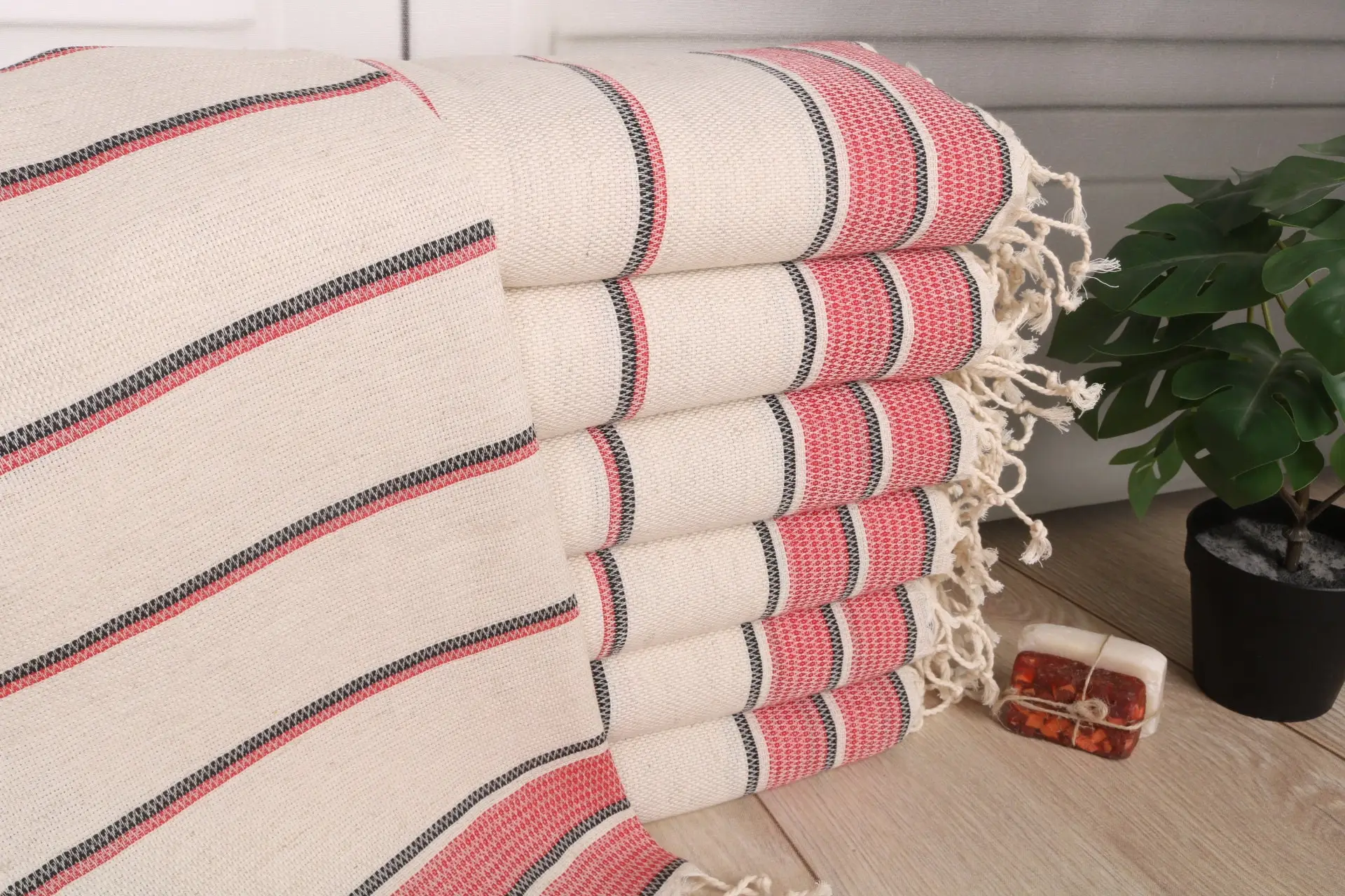 Striped Tea Towel Custom Hand Towel Red Beige 20x40 Inches - 1