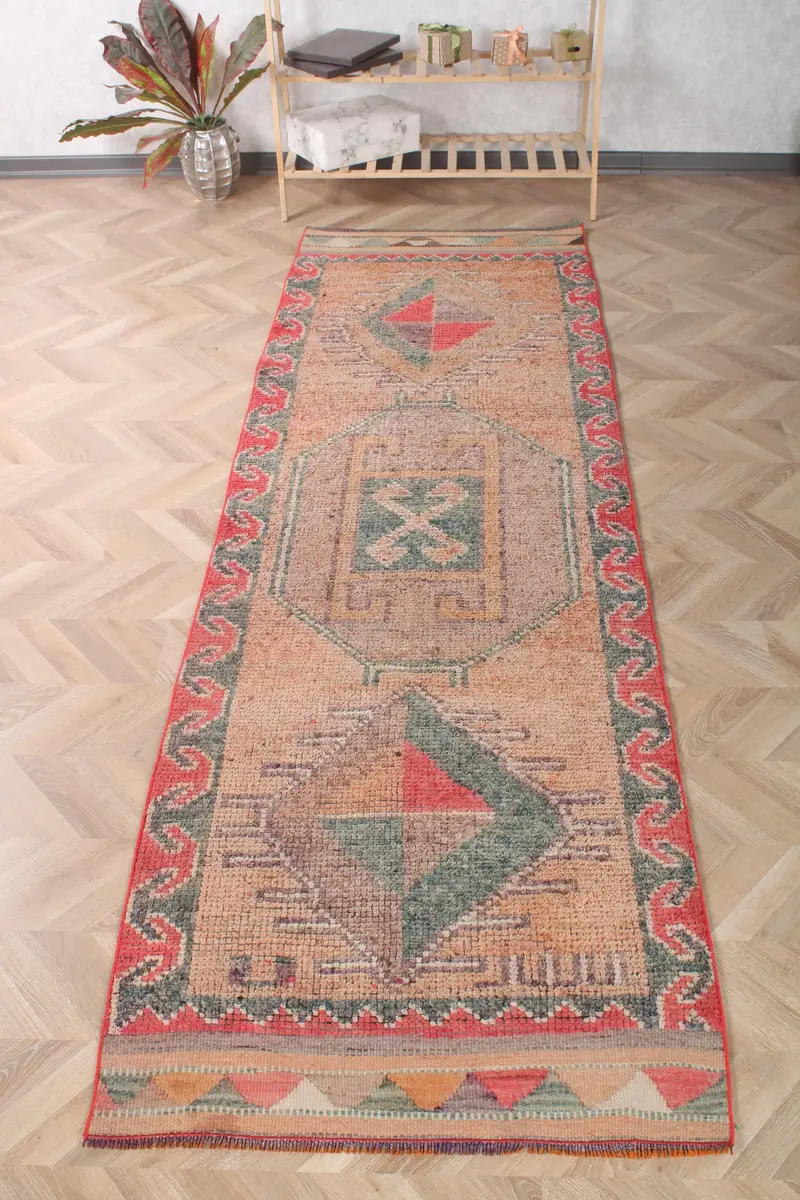 Vintage Runner Rug 3.1x9.8 ft (93x300 cm), Herki Red Camouflage Turkish Rug - 1