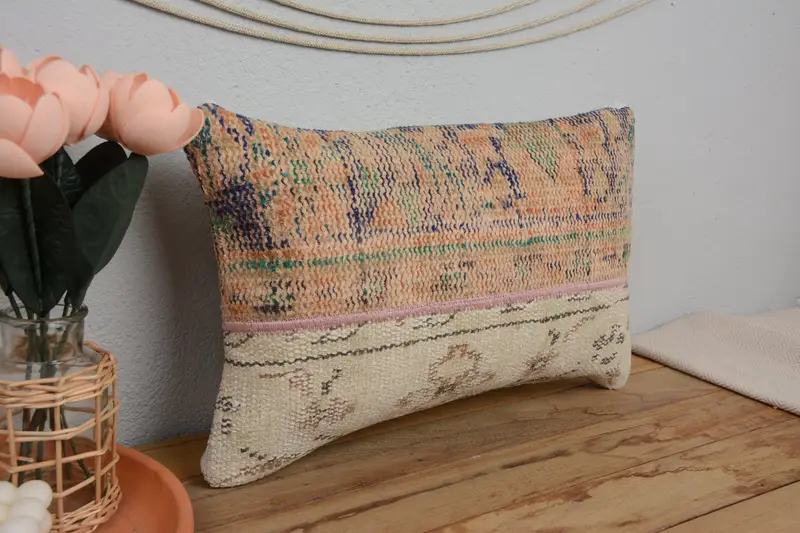 12x20 Beige Cushion Cover, Boho Pillow Sham Cover, Ethnical Kilim Rug Pillow, Pillow Sham, Vintage Kilim Throw Pillow, Patio Pillow Case - 1