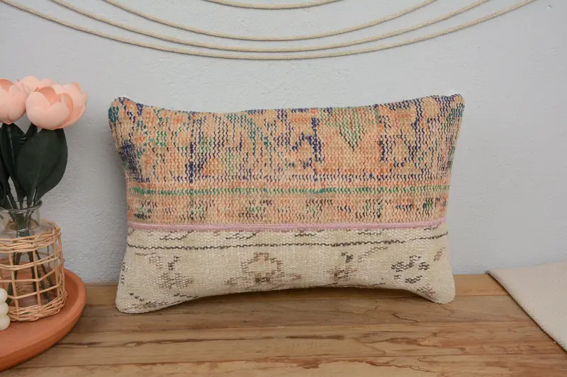 12x20 Beige Cushion Cover, Boho Pillow Sham Cover, Ethnical Kilim Rug Pillow, Pillow Sham, Vintage Kilim Throw Pillow, Patio Pillow Case - 2