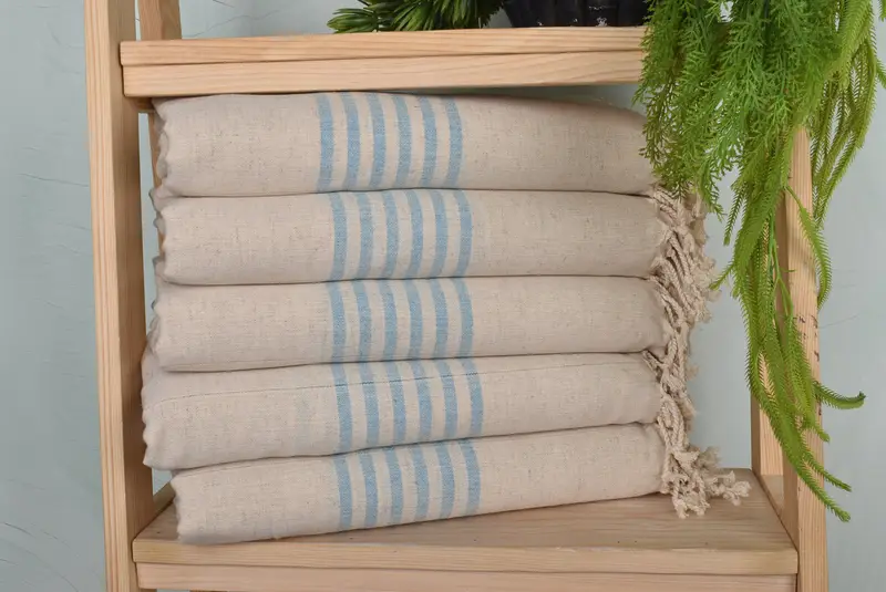 Turkish Beach Towel Handmade Gift, Turquoise Linen Stripes, 36x67 Inches