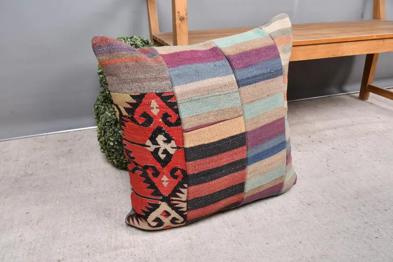 Vintage Kilim Pillow, Authentic Pillow Sham, Neutral Pillow Case, Antique Pillows, Kilim Pillow, Cushion Case, 24x24 Purple Pillow Sham - 7