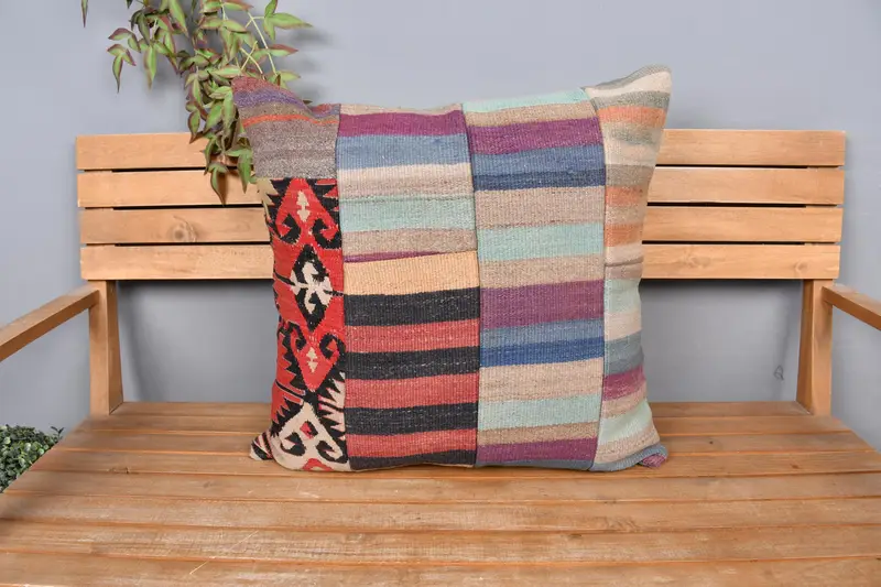 Vintage Kilim Pillow, Authentic Pillow Sham, Neutral Pillow Case, Antique Pillows, Kilim Pillow, Cushion Case, 24x24 Purple Pillow Sham - 6