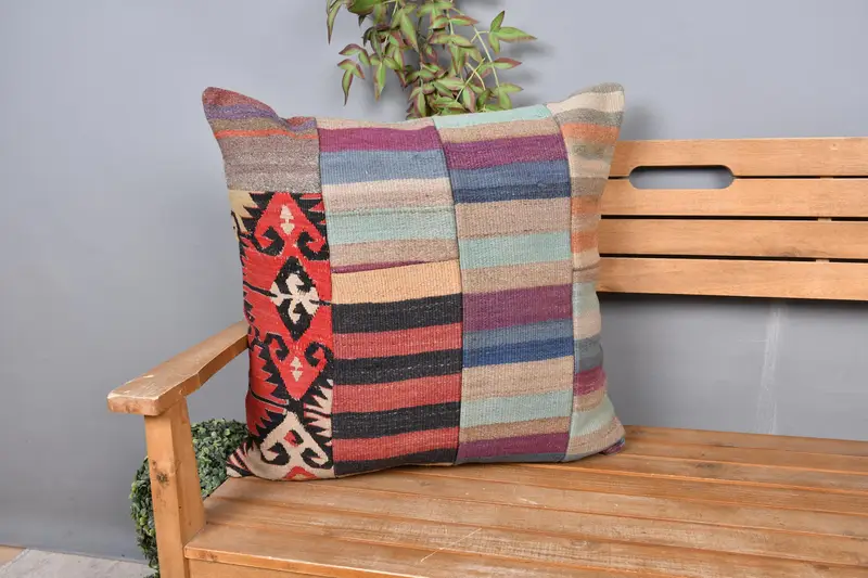 Vintage Kilim Pillow, Authentic Pillow Sham, Neutral Pillow Case, Antique Pillows, Kilim Pillow, Cushion Case, 24x24 Purple Pillow Sham - 1