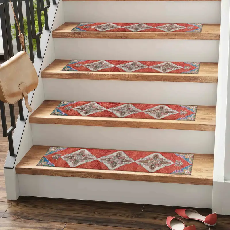 Red Ethnic Printed Rug: Stair Rug with Bohemian Design