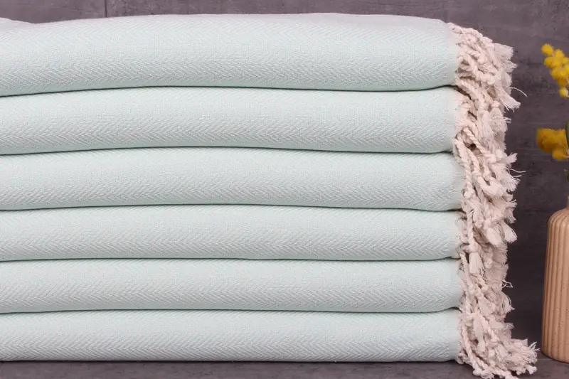 Embroidered Beach Towel Mint Herringbone, Beige, Organic Cotton, 40x71 Inches