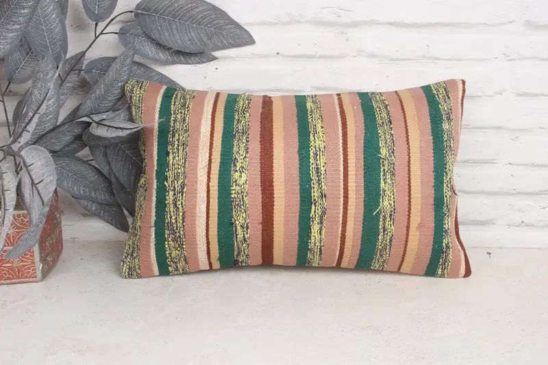 Throw Kilim Pillow, Ethnical Kilim Rug Pillow, Bright Pillow Cover, Pet Cushion, Pillow, Boho Pillow Sham Cover, Boho Chic Pillow, 12x20 Pink Pillow - 1