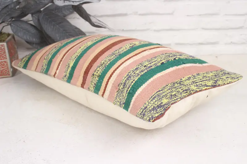 Throw Kilim Pillow, Ethnical Kilim Rug Pillow, Bright Pillow Cover, Pet Cushion, Pillow, Boho Pillow Sham Cover, Boho Chic Pillow, 12x20 Pink Pillow - 6