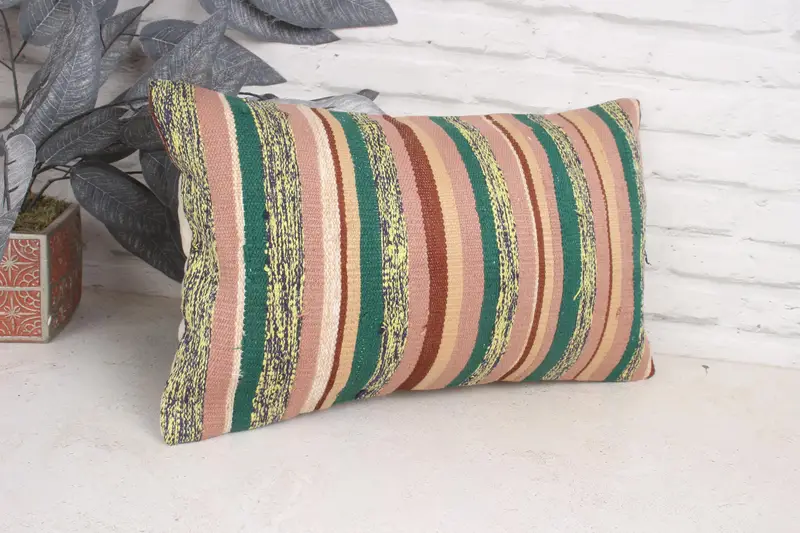 Throw Kilim Pillow, Ethnical Kilim Rug Pillow, Bright Pillow Cover, Pet Cushion, Pillow, Boho Pillow Sham Cover, Boho Chic Pillow, 12x20 Pink Pillow - 3