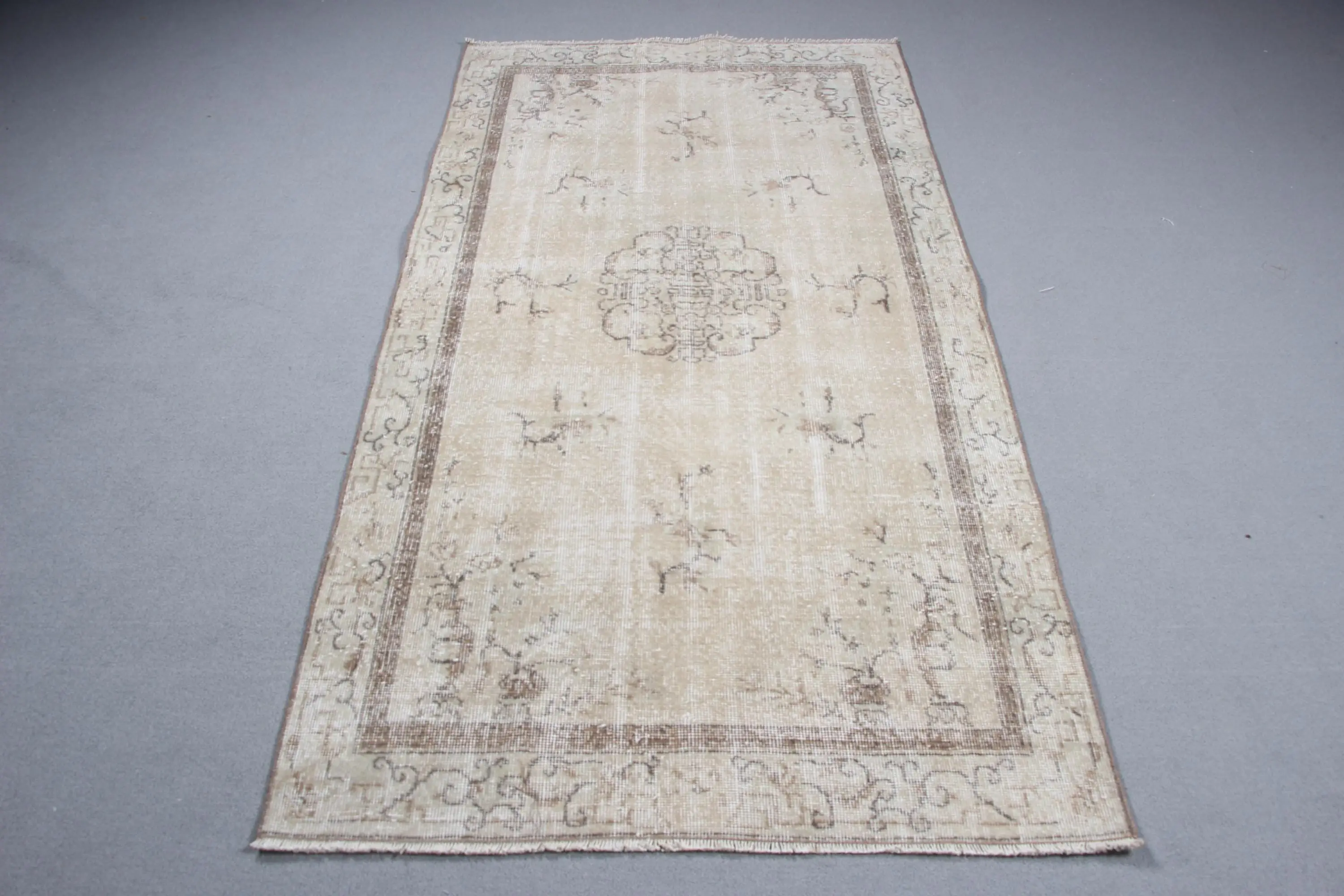 3.5x6.8 ft Accent Türk Halısı, Vintage Halı, Bej Kahverengi İkat Yün Halı - 1