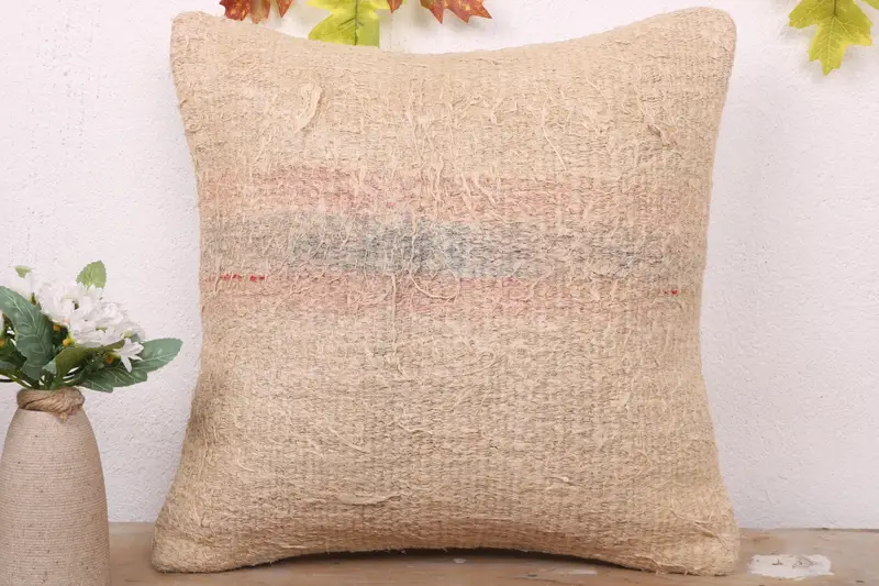 Pillow Cover, Decorative Bolster Pillow, Interior Designer Pillow, 16x16 Beige Pillow Sham, Kilim Cushion Sham, Ethnical Kilim Rug Pillow - 2