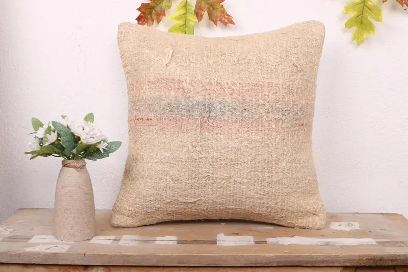 Pillow Cover, Decorative Bolster Pillow, Interior Designer Pillow, 16x16 Beige Pillow Sham, Kilim Cushion Sham, Ethnical Kilim Rug Pillow - 1