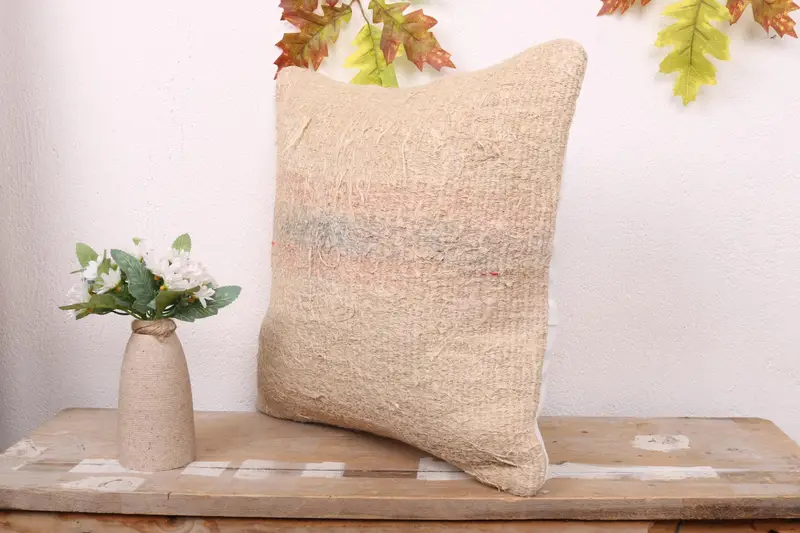 Pillow Cover, Decorative Bolster Pillow, Interior Designer Pillow, 16x16 Beige Pillow Sham, Kilim Cushion Sham, Ethnical Kilim Rug Pillow - 4