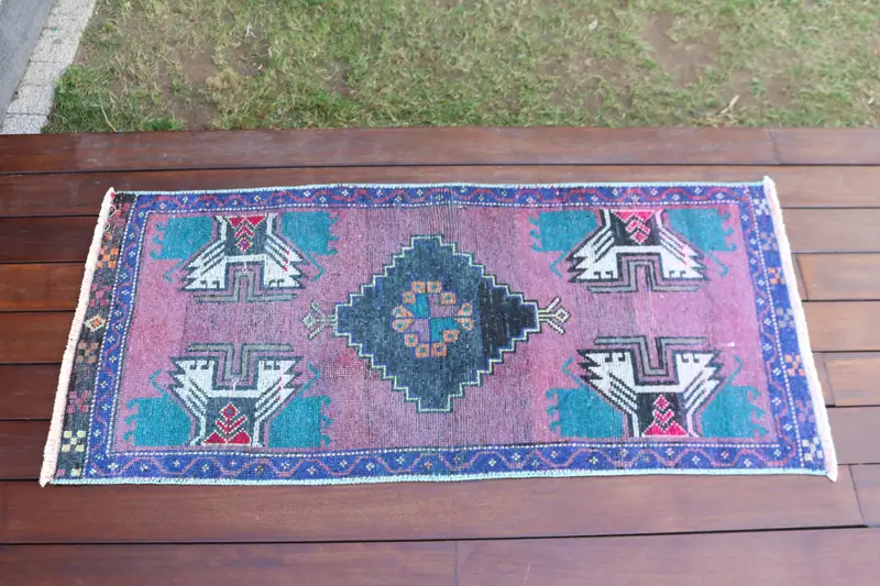 Turkish Rug, 1.7x3.7 ft Small Vintage Rug, Oushak Pink Blue Floral Rug - 1