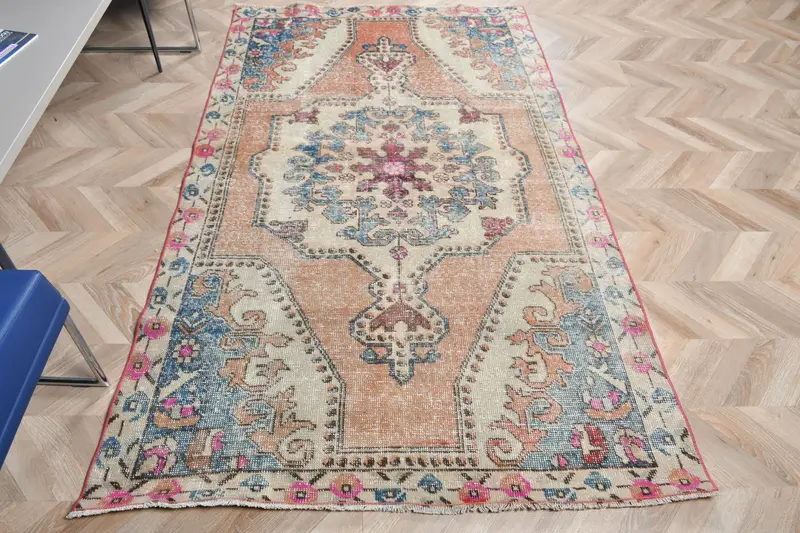 鮮やかなオレンジとブルーのラグ、4.2x7フィートのペルシャ柄