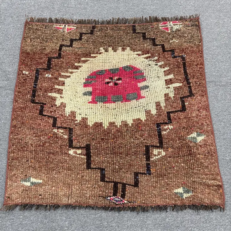 Turkish Vintage Oushak Rug 2.8x2.7 ft (86x82 cm), Brown Patchwork Wool Rug - 1