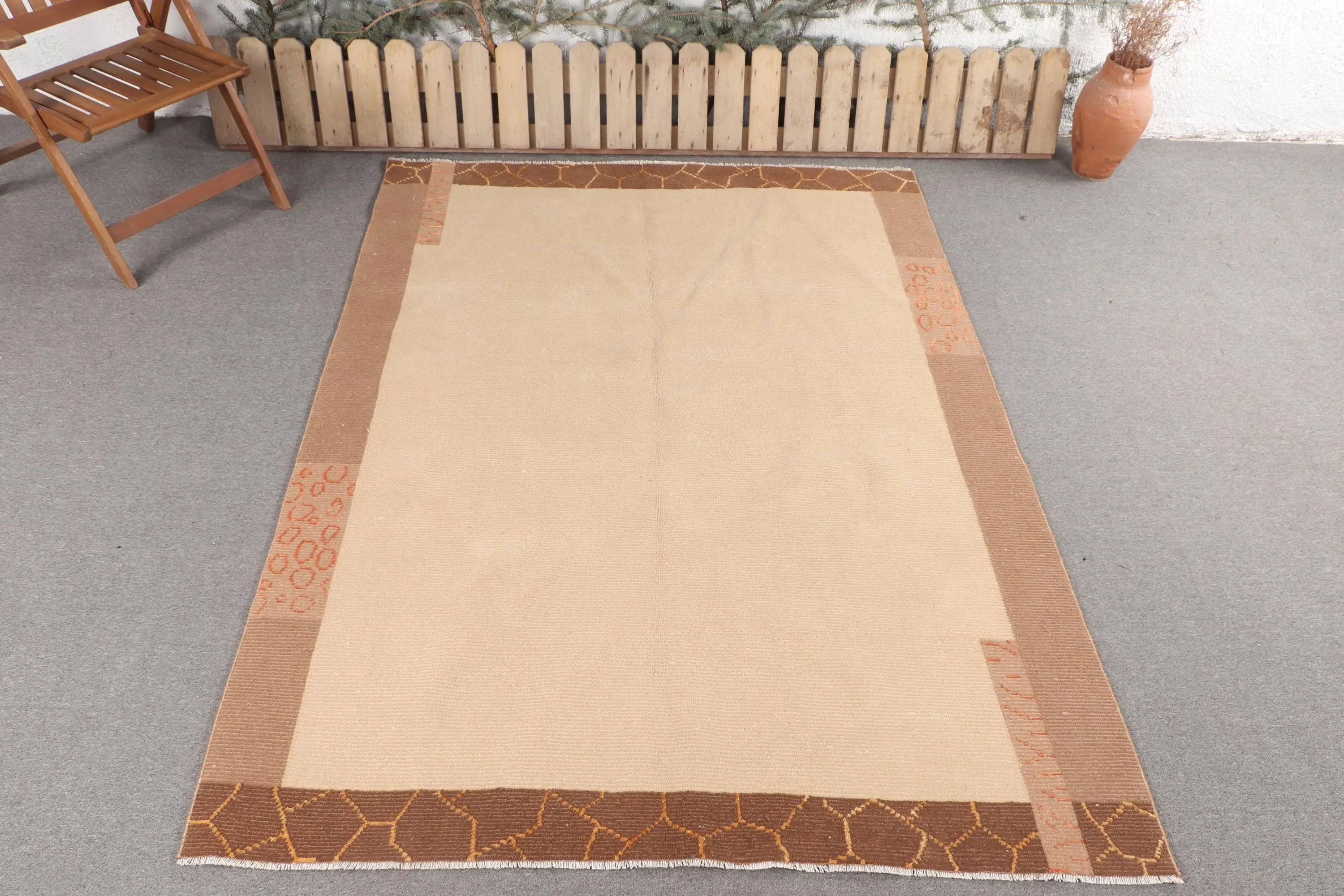 5.3x7.3 ft Vintage Area Rug, Turkish Brown Check Rug - 1