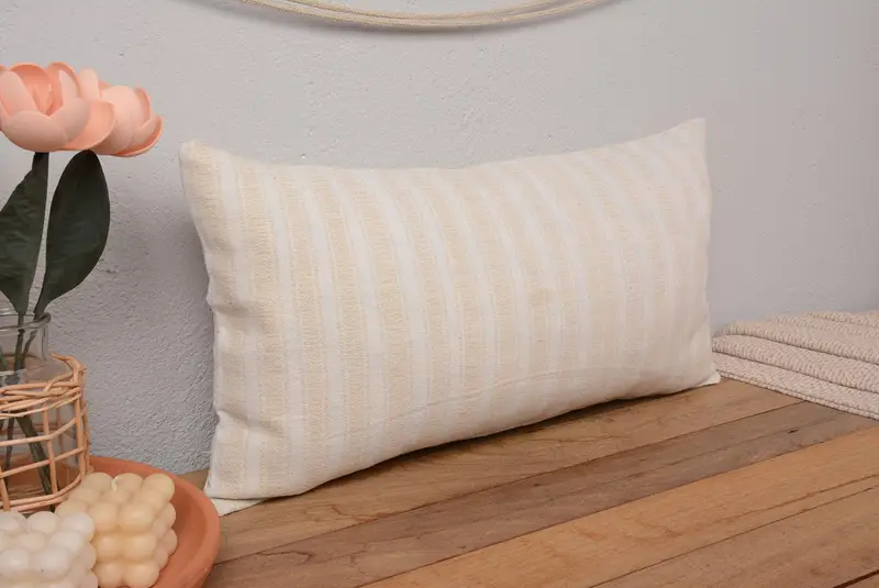 Almohada de tiro a rayas beige y bronce, almohada rectangular vintage bordada