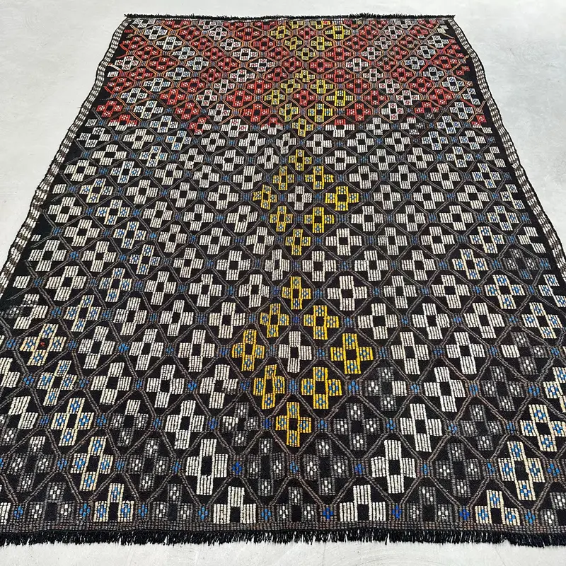 Elegant Siyah & Bej Kareli Halı, 6,5x9,6 ft