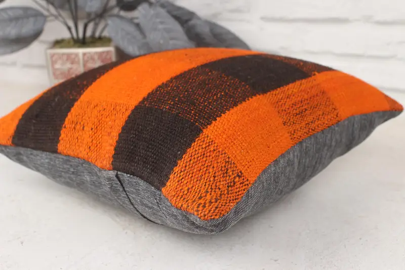 Turkish Kilim Pillow, 14x14 Orange Pillow Case, Natural Cushion, Muted Cushion, Turkish Pillow, Cushion Case, Vintage Kilim Throw Pillow - 6