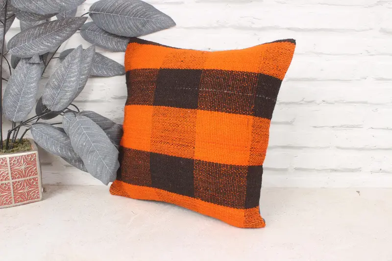 Turkish Kilim Pillow, 14x14 Orange Pillow Case, Natural Cushion, Muted Cushion, Turkish Pillow, Cushion Case, Vintage Kilim Throw Pillow - 4