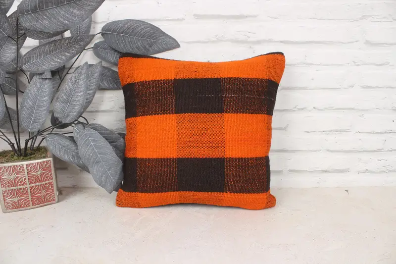 Turkish Kilim Pillow, 14x14 Orange Pillow Case, Natural Cushion, Muted Cushion, Turkish Pillow, Cushion Case, Vintage Kilim Throw Pillow - 1