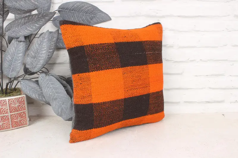 Turkish Kilim Pillow, 14x14 Orange Pillow Case, Natural Cushion, Muted Cushion, Turkish Pillow, Cushion Case, Vintage Kilim Throw Pillow - 3