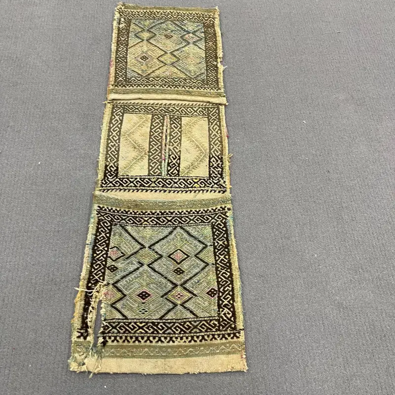 1.4x4.7 ft Vintage Türk Halısı, Küçük Halı, Kahverengi Yeşil Hayvan Baskı Yün Halı - 1