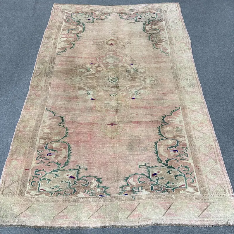 Vintage Oushak Rug 6x10 ft, Pink Green Floral Wool Turkish Rug - 1