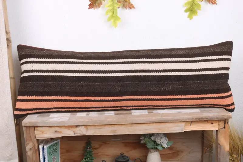 Hippie Throw Cushion Cover, Vintage Kilim Throw Pillow, Handmade Kilim Cushion, 12x36 Brown Cushion Cover, Cushion Cover, Throw Kilim Pillow - 2